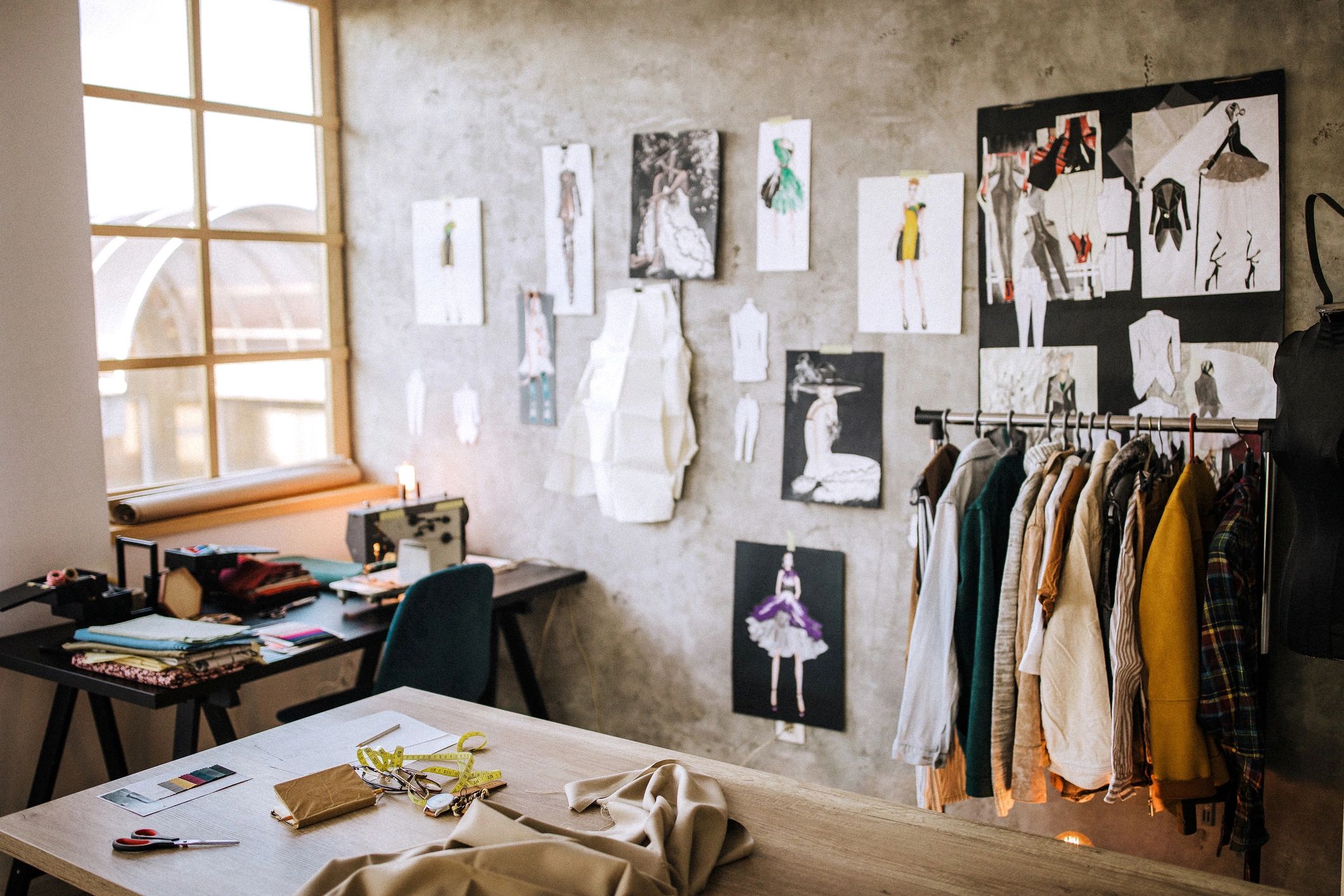 Fashion atelier workspace with tailoring tools